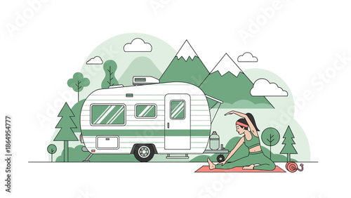 Serene Morning Yoga Session At A Camping Trip In The Mountains