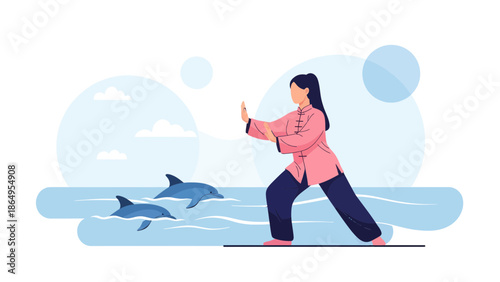 Serene Tai Chi Practice By The Sea With Playful Dolphins In Peaceful Harmony