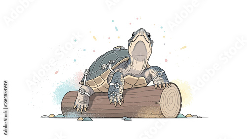 Steampunk Turtle Resting On A Log Cartoon Graphic Novel Style Illustration