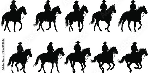 Cowboy horseback riding silhouettes set featuring western riders on horses in motion black vector illustration isolated on white background