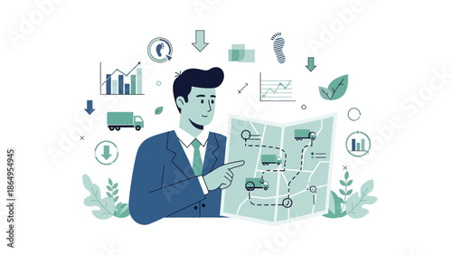 Strategic Logistics Planning Represented By A Man Looking At The Delivery Route