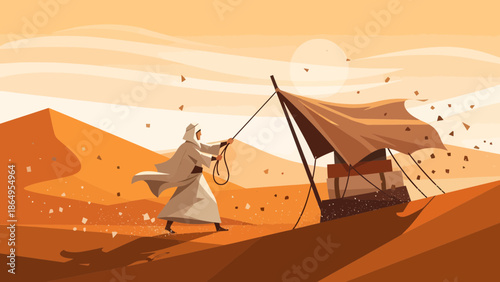 Setting Up Desert Camp Under The Sun For Nomadic Life In Middle East Landscape