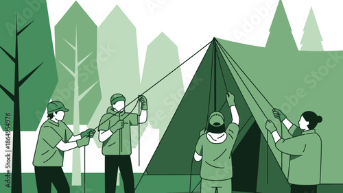 Setting Up The Tent In The Woods Together For A Camping Adventure Trip