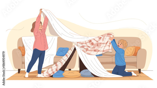 Siblings Creating A Cozy Fort With Blankets In Living Room Together