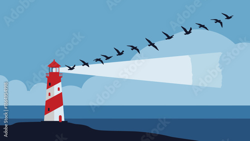 Stripped Lighthouse Guiding Flying Birds Across Ocean Under A Cloudy Sky