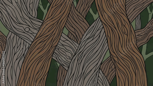 Macro bark textures on twisting tree trunks, detailed woody grooves and rough natural surfaces, close-up of forest tree bark patterns