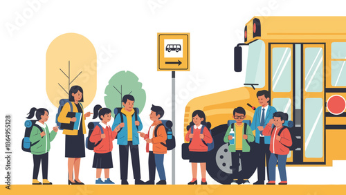 Students Gather At The Bus Stop For School Transport With Educators Around