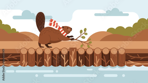 Stylish Beaver Building A Log Dam Wearing A Striped Scarf In Flat Style