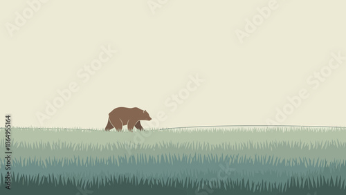 Simple Illustration Of A Brown Bear Walking Across A Serene Green Field