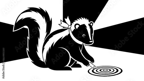 Skunk With Ribbon Dropping A Stone Into Concentric Circles Of Water Effect