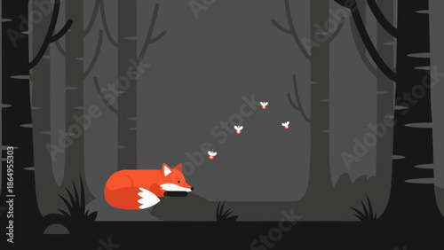 Stylized Forest Scene With Resting Fox Under Fireflies In The Woods