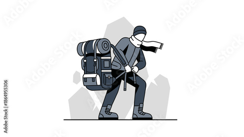 Stylized Hiker Trekking Through Mountainous Landscape With Backpack