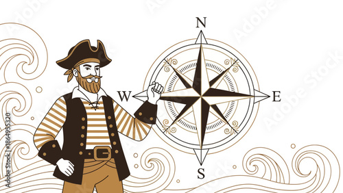 Stylized Pirate Illustration Using Compass Navigation In Retro Style Design