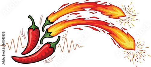 Chili flakes igniting flame trails with heat wave lines, spicy pepper seasoning burning, fiery hot spice illustration, pungent aroma effect