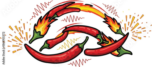 Chili flakes igniting flame trails with heat wave lines, spicy pepper seasoning burning, fiery hot spice illustration, pungent aroma effect