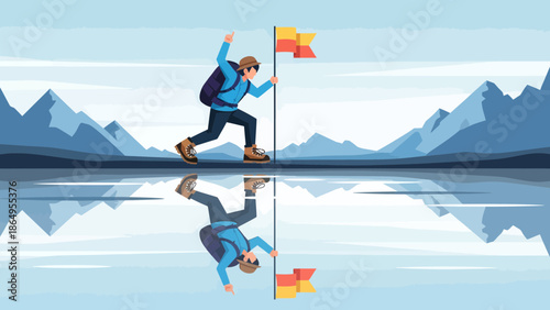 Successful Climber Reaching Goal Standing on a Mountain Peak with a Flag