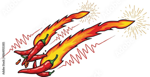 Red chili flakes with fiery flame trails and heat wave lines, spicy hot seasoning, burning spice vector illustration