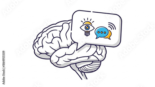 Human Brain with Thought Bubble Showing Eye and Ear, Symbolizing Perception and Cognition, Isolated on White and Hand Drawn Illustration