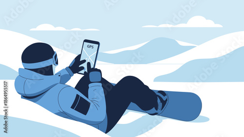 Snowboarder Using Gps Application On Mobile Device In A Mountain Landscape