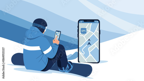 Snowboarder Using Mobile Navigation App On Mountain Slope During Winter Season