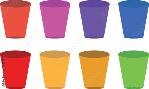 Isolated set of colorful cosmetic cream and glass bottles containing red and blue liquid objects near a green juice cup and disposable plastic container on white