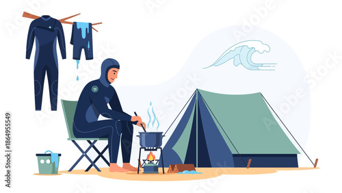 Surfer Relaxing And Cooking Near Tent After Ride, Beach Camping Lifestyle