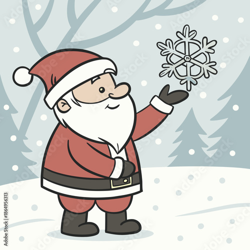 Santa Claus holding snowflake in winter scene cartoon