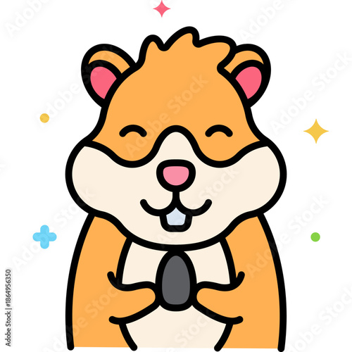 Adorable orange cartoon hamster holding a seed, chubby cheeks and pink nose, cute smiling kawaii pocket pet illustration on white background with colorful sparkles, lovable small animal for kids decor