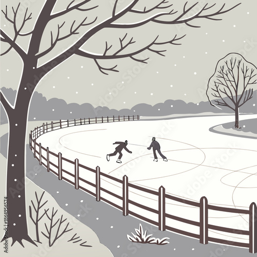 Monochrome of people ice skating on outdoor rink ice rink