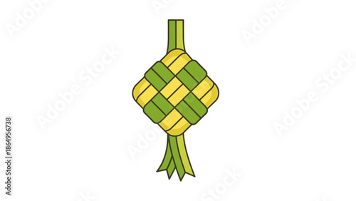 A traditional woven ketupat made from green and yellow palm leaves on a white background.