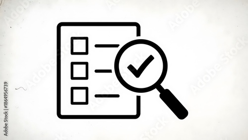 Black checklist with magnifying glass and checkmark on white background document