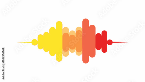 A colorful sound wave graphic with a gradient of yellow, orange, and red hues on a white background, depicted in a horizontal waveform pattern.