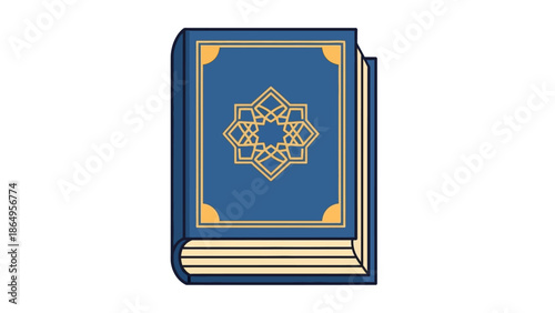 Illustration of a blue book with gold geometric design and trim on the cover, lying flat with pages slightly fanned out.