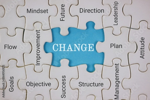 central blue puzzle piece labeled “CHANGE,” surrounded by interconnected words such as leadership, strategy, goals, mindset, and improvement. Symbolizes transformation, business planning.