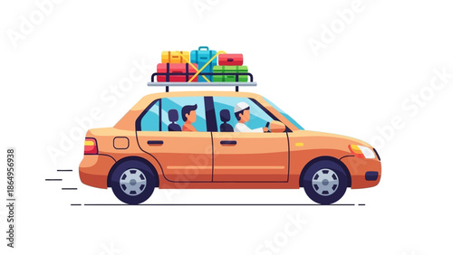 A cartoon orange car with luggage on top driving on a white background with a joyful and adventurous mood.