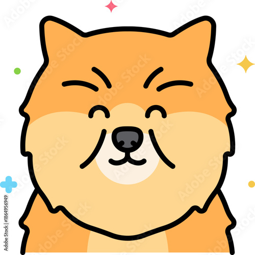 Fluffy orange cartoon chow chow dog face smiling with closed eyes, cute kawaii spitz puppy illustration on white background with colorful sparkling stars, adorable fluffy pet mascot for kids designs

