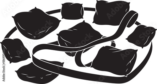 Black and white illustration of scattered pillows and blanket