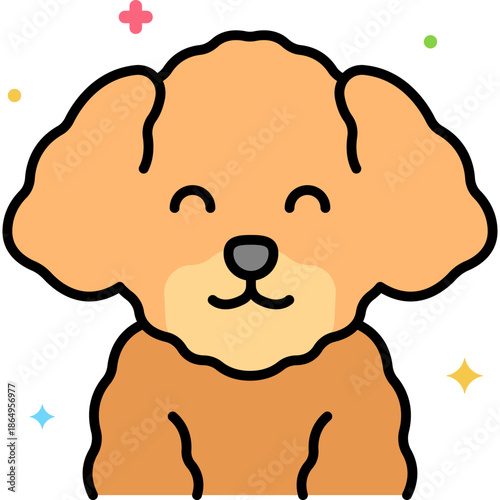 Fluffy curly coated cartoon puppy with big ears sitting and smiling, cute golden poodle style dog illustration on white background with colorful sparkles, adorable cuddly pet artwork

