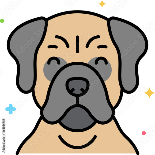 Strong but gentle cartoon mastiff dog face with wrinkled forehead and droopy ears, cute kawaii guard dog illustration on white background with colorful sparkles, loyal pet character art


