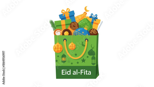 A green gift bag filled with colorful presents and treats on a white background with Eid al-Fitr text.