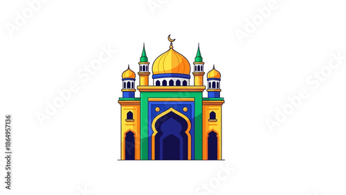 Colorful illustration of a mosque with a large golden dome and minarets on a white background.