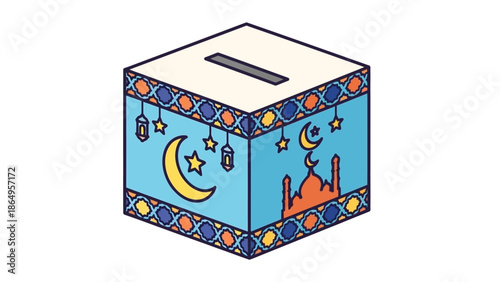 Isometric illustration of a blue and orange Ramadan donation box with a crescent moon and mosque design on a white background.