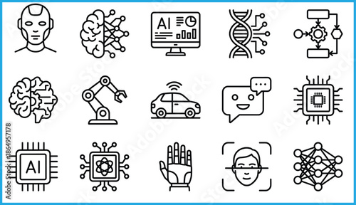 Artificial intelligence and robotics icons set for machine learning, biotech, and futuristic technology in vector illustration