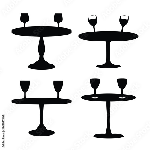 Minimalist silhouette illustration of round tables with wine glasses, perfect for celebration and dining concepts