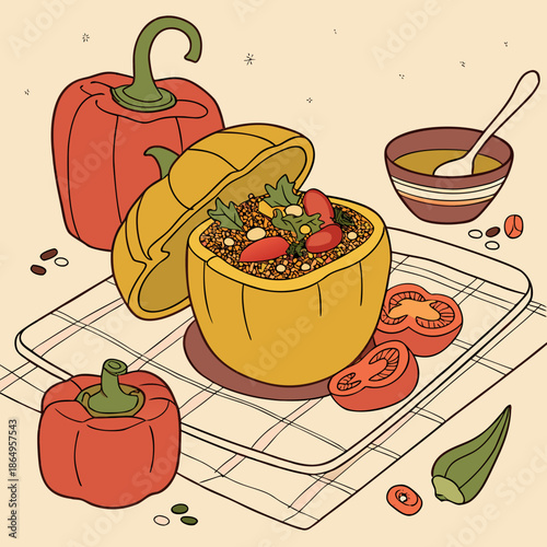 Stuffed peppers on a baking sheet with vegetables and sauce