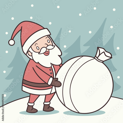 Santa Claus rolling large snowball cartoon Christmas