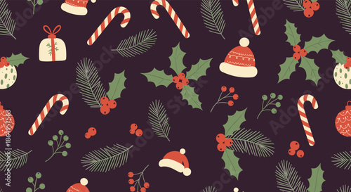 Cozy hand-drawn Christmas seamless pattern with candy canes, santa hats, and holly on a deep purple background for holiday designs.