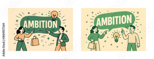 Cartoon illustrations of ambitious people sharing ideas with light bulb symbol