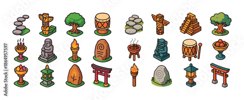 Collection of colorful iconic symbols and elements from various cultures