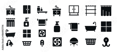 Bathroom fixtures and accessories icons set: sinks, cabinets, showers, towel racks, soap dispensers